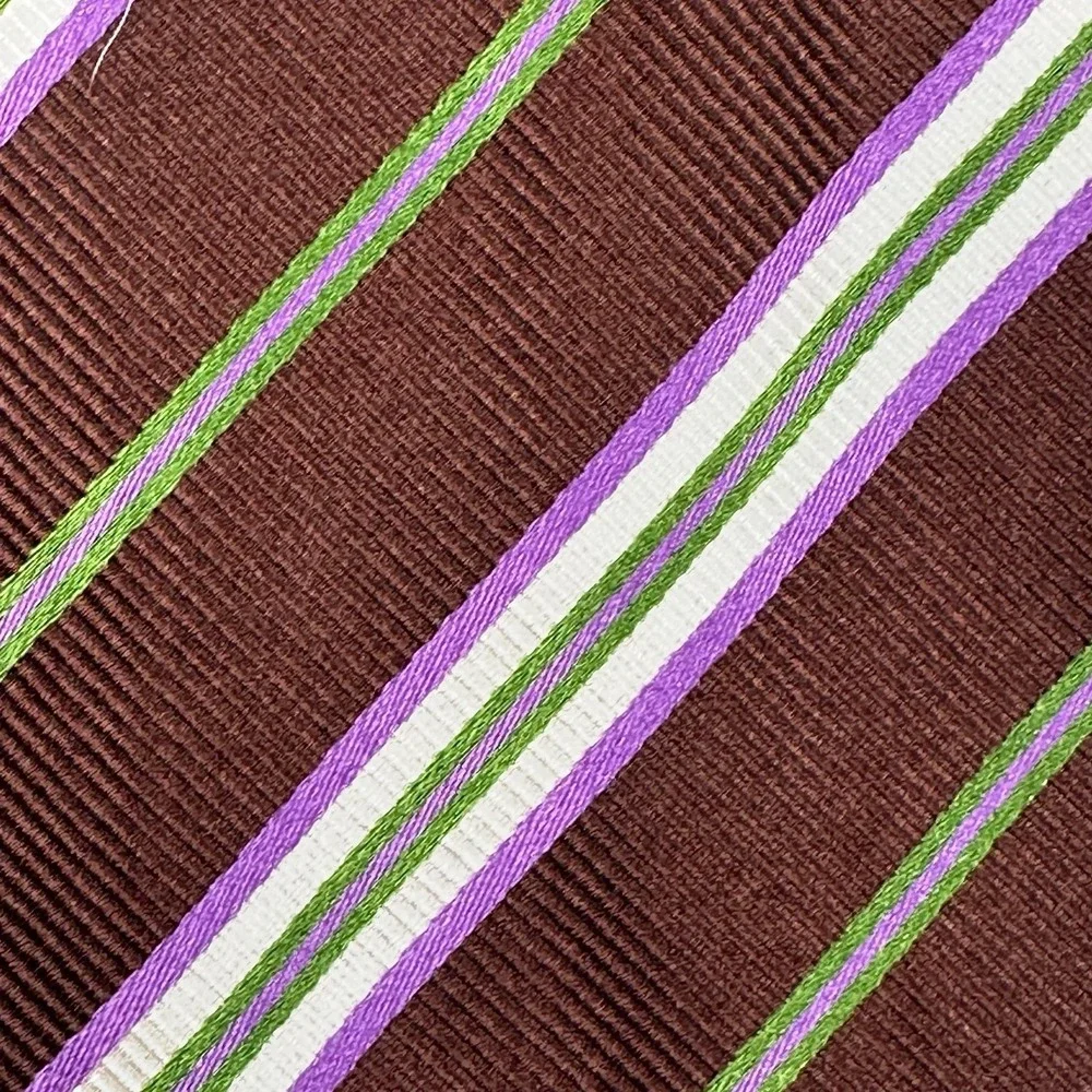 Etro Milano Italy Silk Cotton Brown Stripe Necktie Purple‎ Green 57x3.75